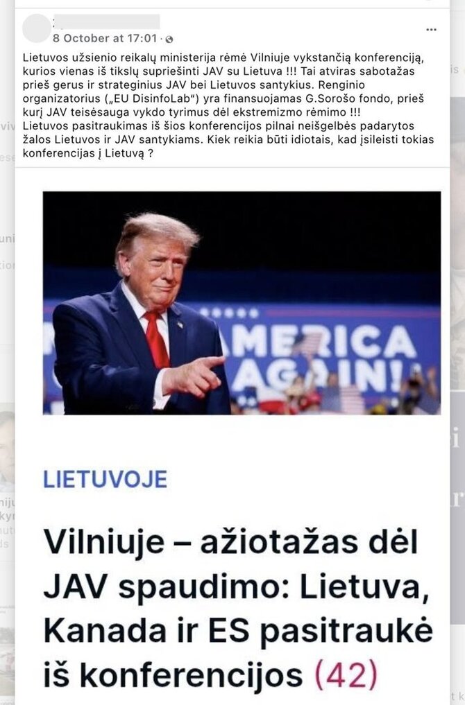 Ekrano nuotr. iš „Facebook“/Netiesa, kad kovos su dezinformacija konferencijos „#Disinfo2026“ vienas iš tikslų supriešinti JAV su Lietuva