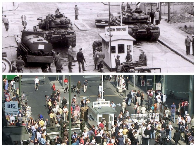 „Reuters“/„Scanpix“ nuotr./Čarlio postas (Checkpoint Charlie) 1961 ir 2000 m.