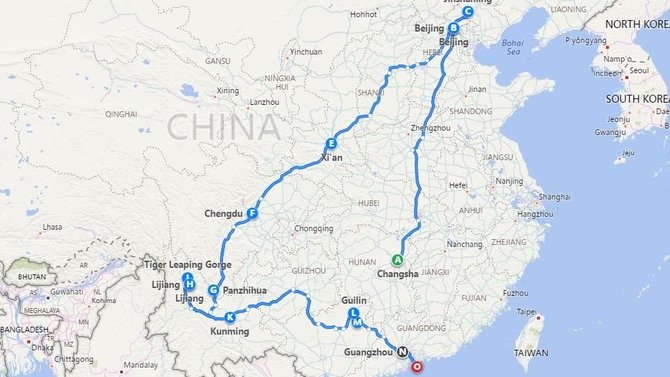 Kelionės Kinijoje maršrutas