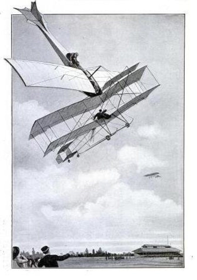 „Wikimedia Commons“ iliustr./Kaip 1910-ųjų lėktuvų susidūrimą Milane matė menininkas
