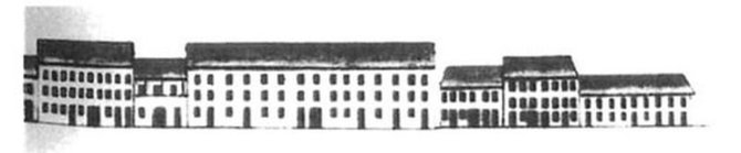 Iliustracija iš architektūrinių tyrimų ataskaitos/1834 metų Rūdninkų gatvės išklotinė, parodanti, kad durų čia būta daug