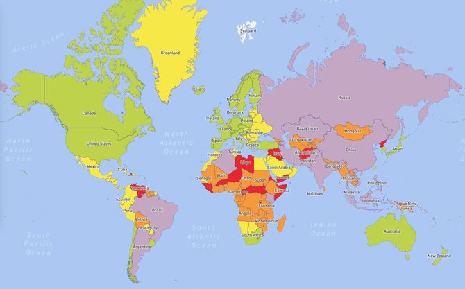 „International SOS“ iliustr./Pasaulio šalys žemėlapyje įvertintos pagal medicininį saugumą jose