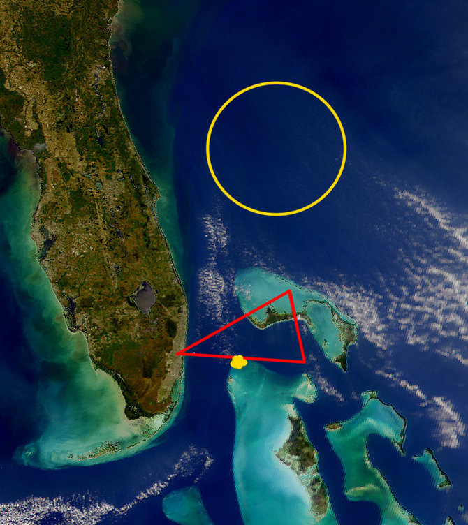 „Wikimedia Commons“ nuotr./Raudonas trikampis – „Flight 19“ numatytas maršrutas. Geltonas apskritimas – kur, manoma, pradingo eskadrilė
