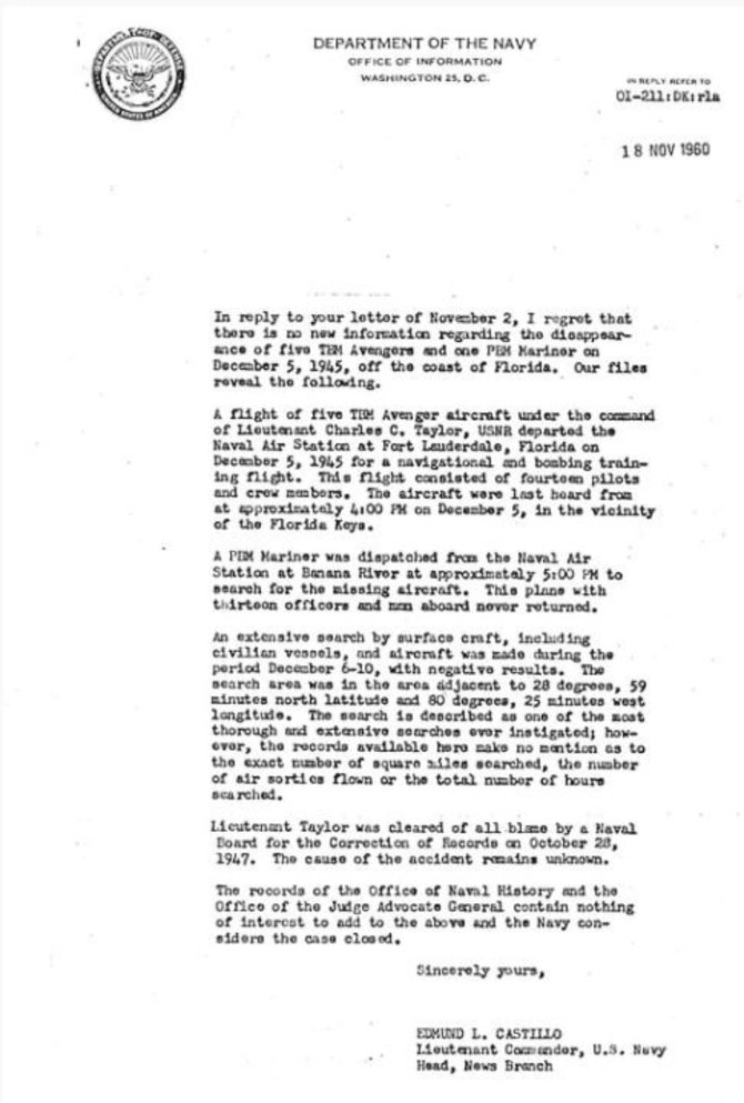 NAS Fort Lauderdale Museum nuotr./Dokumentas, kuris „Flight 19“ dingimo bylą skelbia baigta