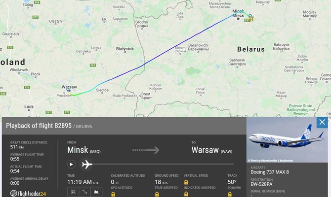 flightradar24.com iliustr./Trečiadienio „Belavia“ skrydis iš Minsko į Varšuvą