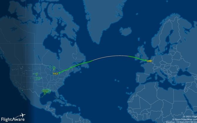 flightaware.com nuotr./Iš Toronto tuomet skrista į Londoną