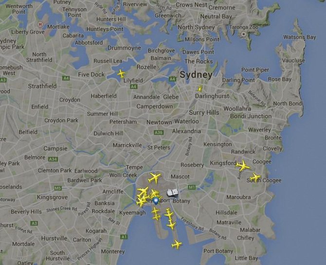 FlightRadar24 iliustr./Skrydžiai virš Sidnėjaus