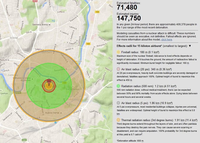 „NukeMap“ iliustr./Orinio atominės bombos sprogimo poveikis