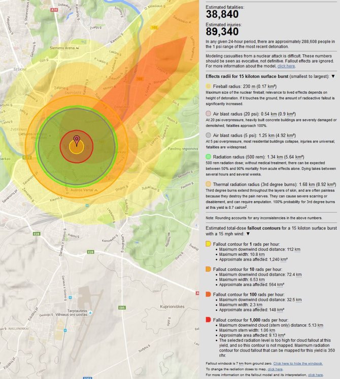 „NukeMap“ iliustr./Ant žemės numestos atominės bombos poveikis