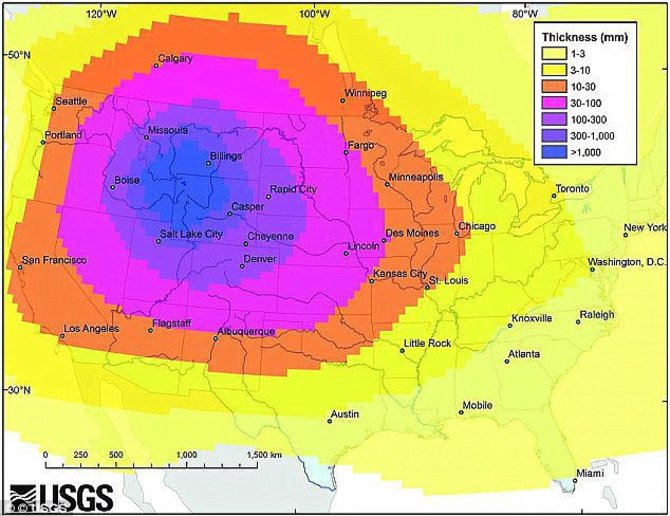 Numatomos pelenų pasiskirstymo (milimetrais) zonos išsiveržus Jeloustouno superugnikalniui