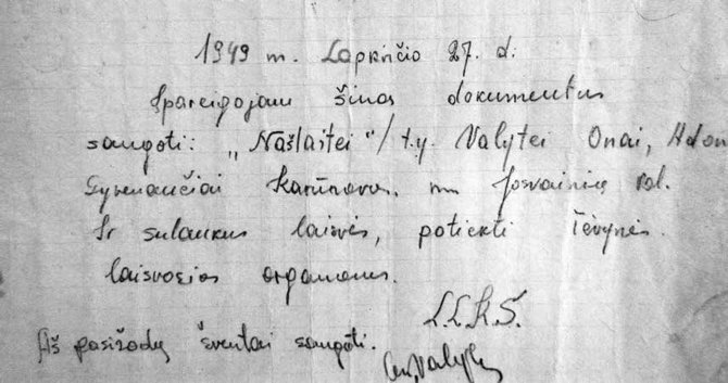 Kėdainių krašto muziejus/Onos Valytės-Našlaitės pasižadėjimas saugoti Maironio rinktinės Mindaugo tėvūnijos dokumentus
