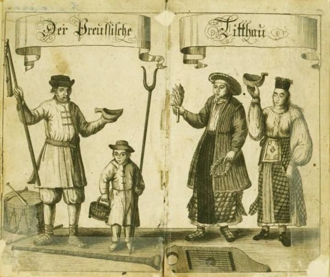 Iliustracija Theodoro Lepnerio knygoje Der Preusche Littauer, oder Vorstellung der Nahmens-Herleitung, Kind-Tauffen, Hochzeit Danzigas, 1744/Prūsijos lietuviai