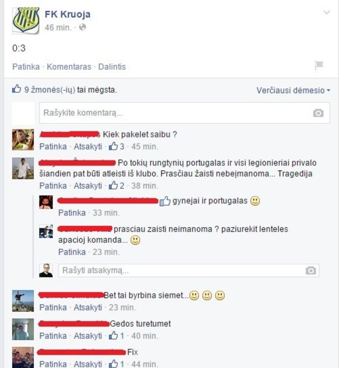 „Kruojos“ sirgalių komentarai „Facebook“