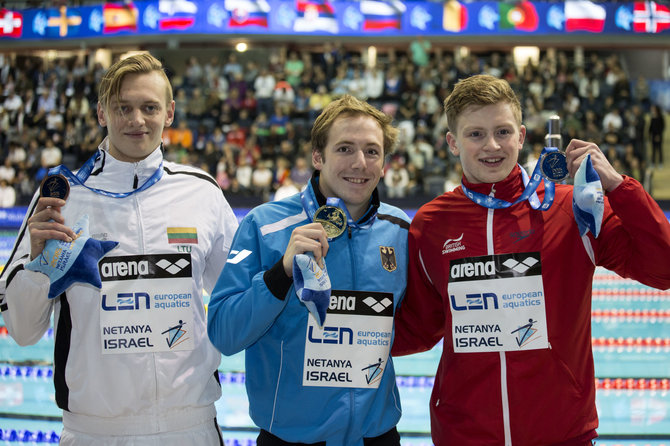 „Scanpix“/AP nuotr./Giedrius Titenis, vokietis Marco Kochas ir britas Adamas Peaty