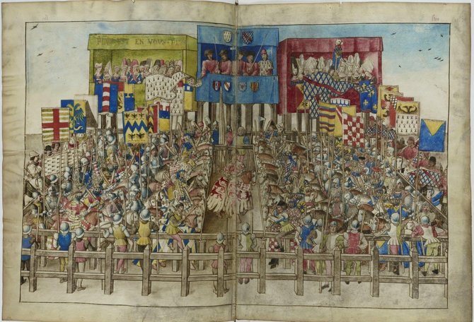 Riterių turnyras, iliustracija iš Anžu hercogo Renė Gerojo knygos, XV a.
