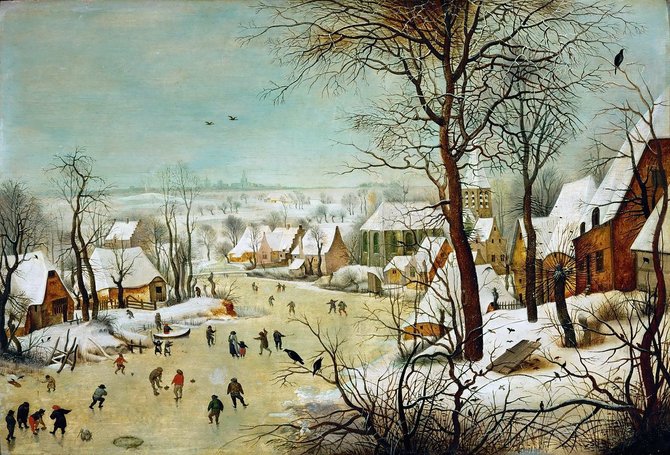 Piterio Breigelio paveikslas „Žiemos peizažas su paukščių spąstais“, 1565 m.