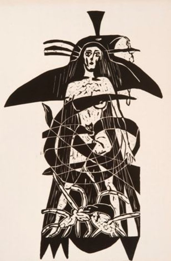 Šikšnosparnis, paukštis, moteris, 1986, linoraižinys, 78,5 x 48,5 cm (Modernaus meno centro kolekcija)