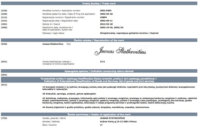 Valstybinis patentų biuras/Juozo Statkevičiaus prekės ženklo registracijos dokumentai