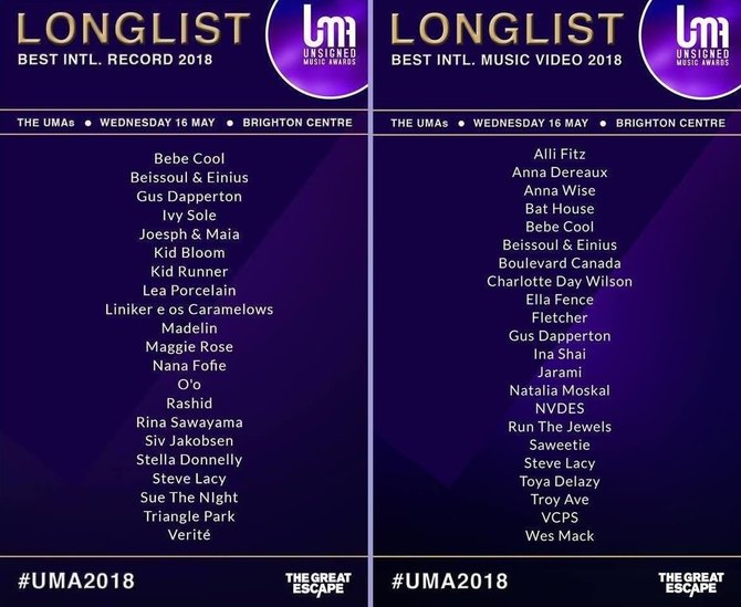 „UMA Music Awards“ nominantų lentelė