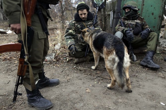 AFP/„Scanpix“ nuotr./Ukrainiečių karių šuo Peskų miestelio griuvėsiuose