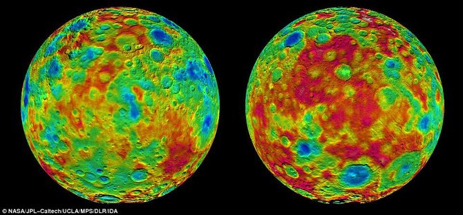 NASA nuotr./Cereros paviršius buvo pristatytas naujuose spalvotuose žemėlapiuose, žyminčiuose aukščio skirtumą tarp kraterių dugno ir viršukalnių