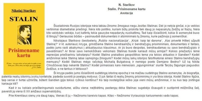 „Baltos gulbės“ nuotr./Nikolajaus Starikovo knygos „Stalinas: Prisimename kartu“ anotacija