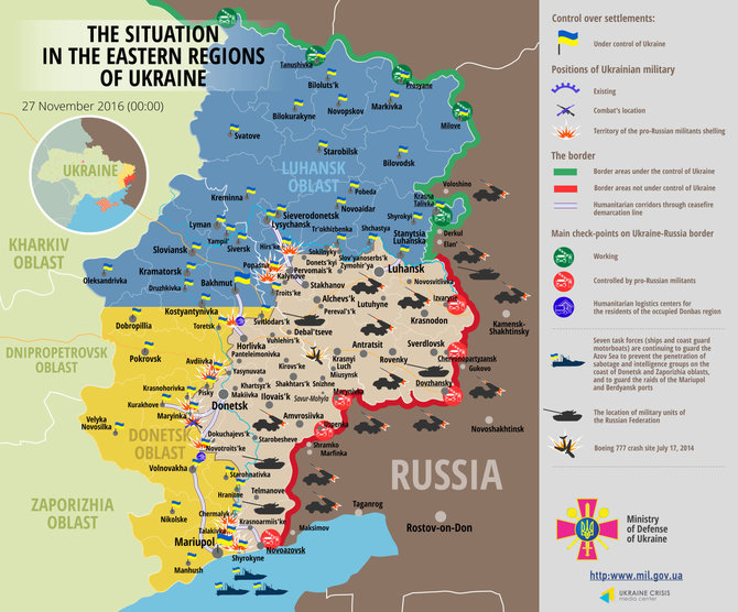 Ukrainos gynybos ministerijos nuotr./Rusijos sukelto karo Ukrainoje žemėlapis, 2016 metų lapkričio 27 diena