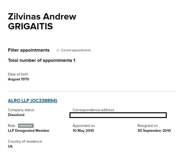 Žilvinas Grigaitis dirbo Londone registruotoje bendrovėje ALRO LLP