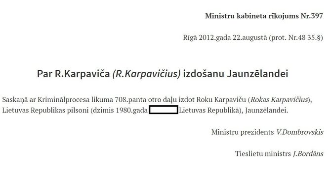 Latvijos pranešimas apie Roko Karpavičiaus išdavimą Naujajai Zelandijai