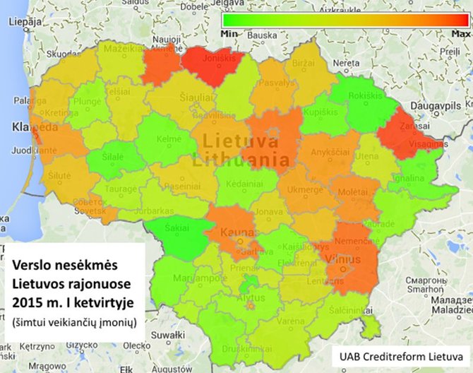 Creditreform.lt parengtas žemėlapis/Verslo nesėkmių Lietuvos rajonuose žemėlapis