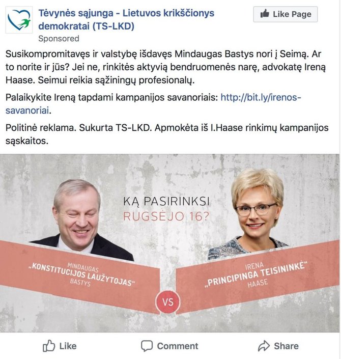 „Facebook“ nuotr./TS-LKD politinės reklamos epizodas, M.Basčio apskųstas VRK