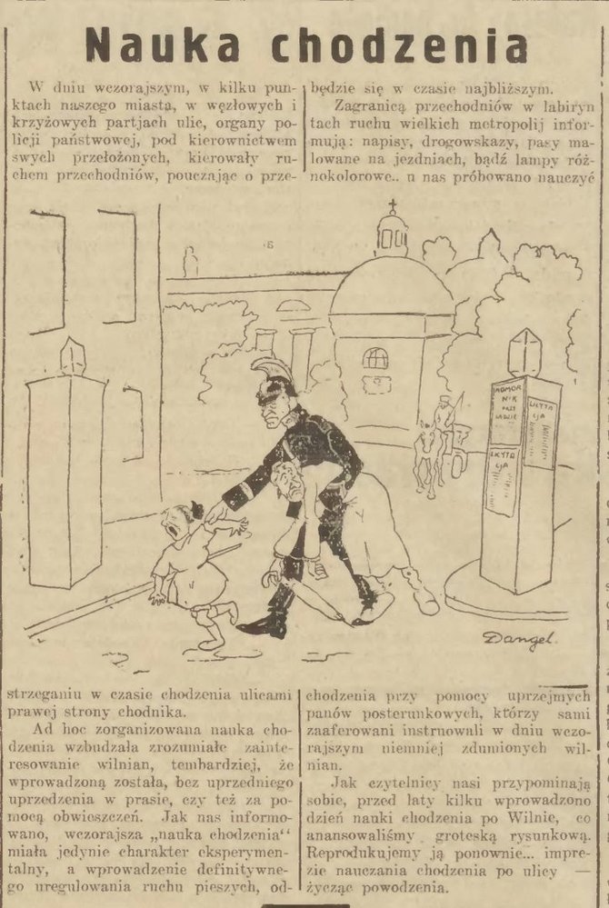 1934 spalio 10 dienos laikraščio karikatūra: „Mokymas vaikščioti“