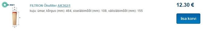 „BMW 330d“ oro filtro kaina Estijoje
