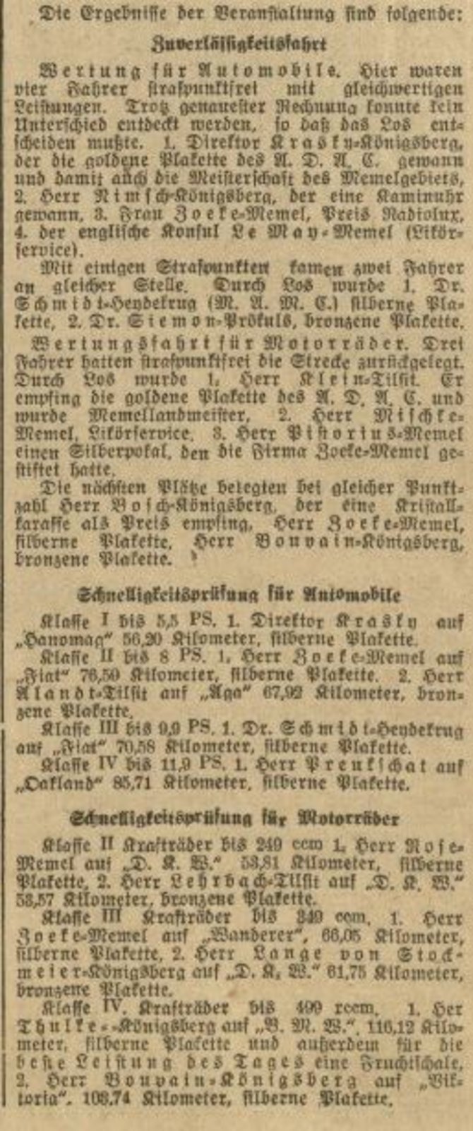 MAVB nuotr./Laikraštyje „Memeler Dampfboot“ paskelbti 1926 m. varžybų rezultatai.