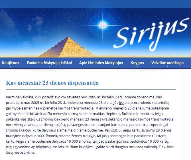 „Sirijaus“ interneto svetainės fragmentas/Pranešimas apie „karmos transmutacijos“ seansus