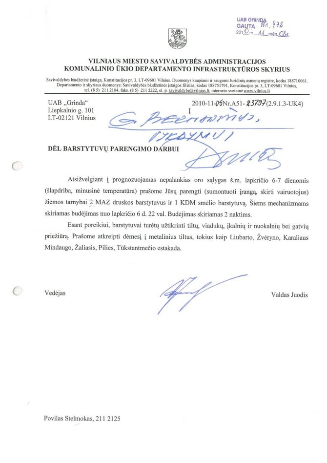15min.lt nuotr./Savivaldybės dokumentas, 2010 m. lapkričio 5 d. nustatęs 3 barstytuvų darbą