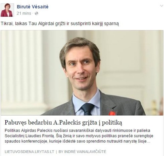 15min nuotr./Birutė Vėsaitė kviečia Algirdą Paleckį į aktyvią politiką