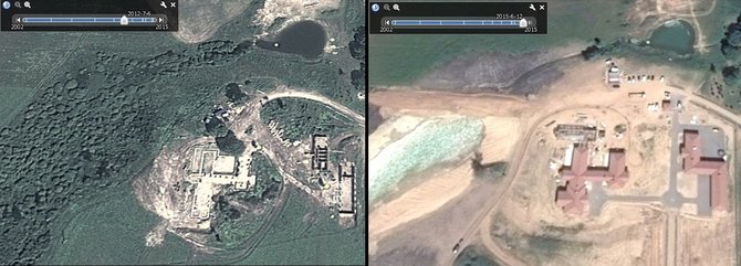 Google Earth nuotr./Muižinikų statybvietės vaizdai iš palydovo 2012 m. (kairėje) ir pernai