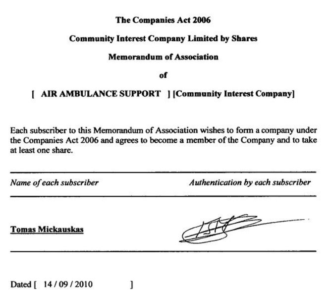 15min nuotr./Air Ambulance Support Community Interest Company dokumento ištrauka
