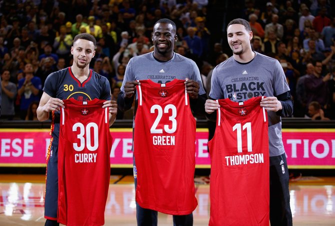 „Scanpix“ nuotr./Stephenas Curry, Draymondas Greenas ir Klay Thompsonas ir 