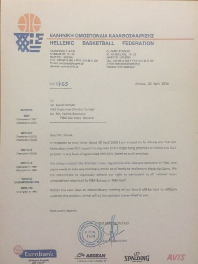 Graikijos krepšinio federacijos laiškas FIBA