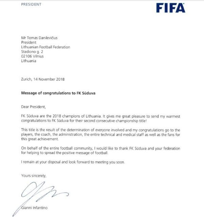 nuotr. fksuduva.lt/FIFA vadovo sveikinimas „Sūduvai“