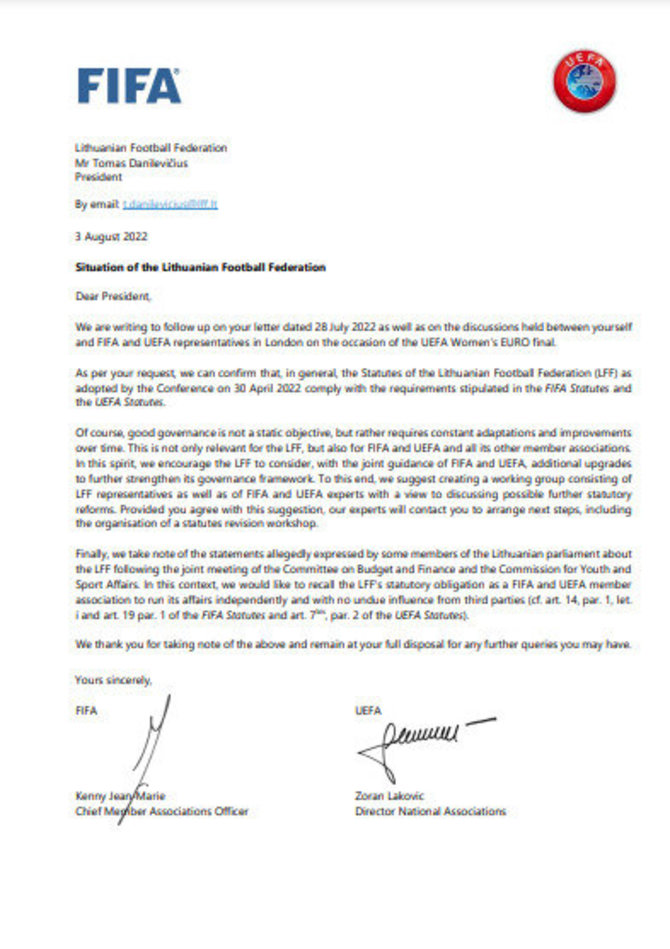 nuotr. LFF/UEFA ir FIFA laiškas Lietuvos futbolo federacijai