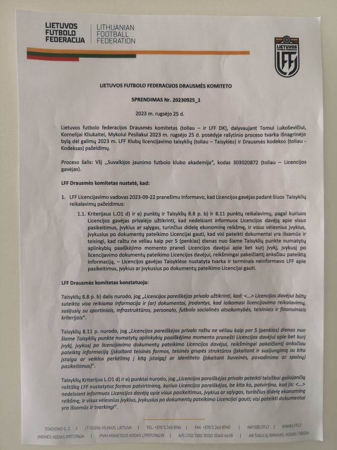 nuotr. Manto Krasnicko /„MML City“ klubo pateikti raštai, gauti iš LFF