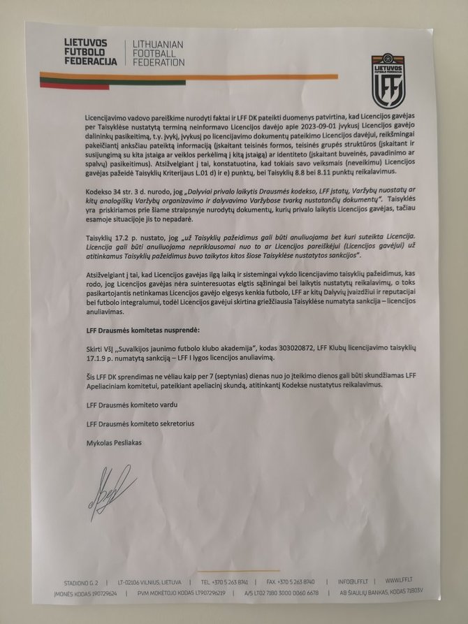 nuotr. Manto Krasnicko /„MML City“ klubo pateikti raštai, gauti iš LFF