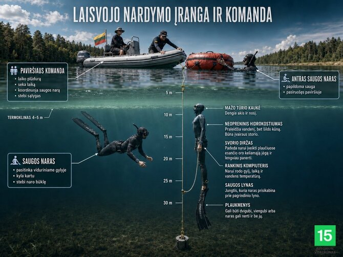 V.Balkūno su dirbtiniu intelektu sukurta vizualizacija/Laisvasis nardymas. Naro įranga ir komanda.