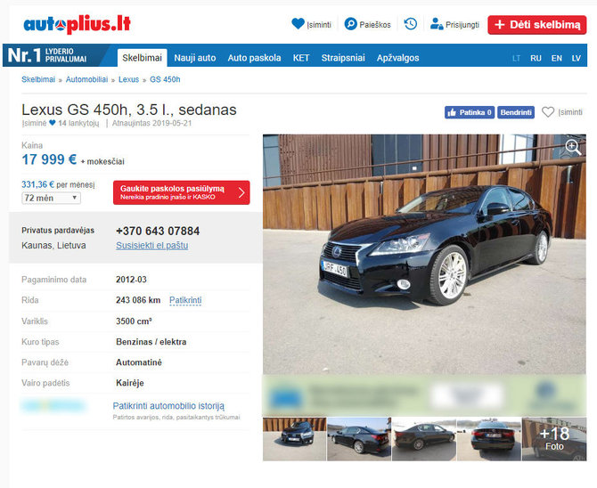 Skelbimų portalo „Autoplius“ nuotr./Parduodamo „Lexus GS“ skelbimas