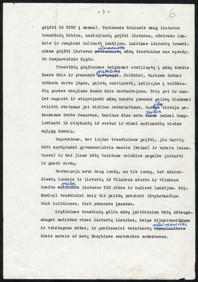 Antano Vienuolio-Žukausko parengta 1957 m. kovo 12–13 d. vykusiai LSSR AT sesijai, bet nepasakyta kalba tremtinių grąžinimo į Lietuvą klausimu. Tikėtina, kad tai paskutinioji A. Vienuolio-Žukausko ranka daryta kalbos redakcija. [1957 m.]. VUB RS, F254–38, lap. 4–7.