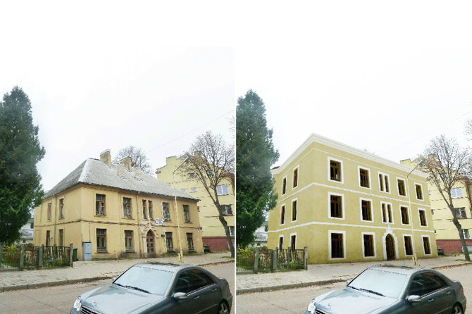 A.Kančo studijos vizualizacijos/Kauno Trakų gatvėje stovinčio namo vaizdas prieš ir po rekonstrukcijos