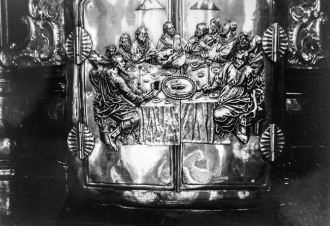 Varšuvos nacionalinio muziejaus fondo nuotr./Šv. Jonų bažnyčios pagrindinio altoriaus tabernakulis su Paskutinės vakarienės scena